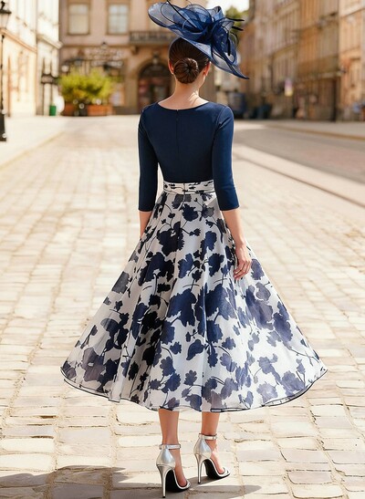 A-Line V-Neck 3/4 Sleeves Tea-Length Stretch Chiffon Cocktail Dresses With Flower(s)