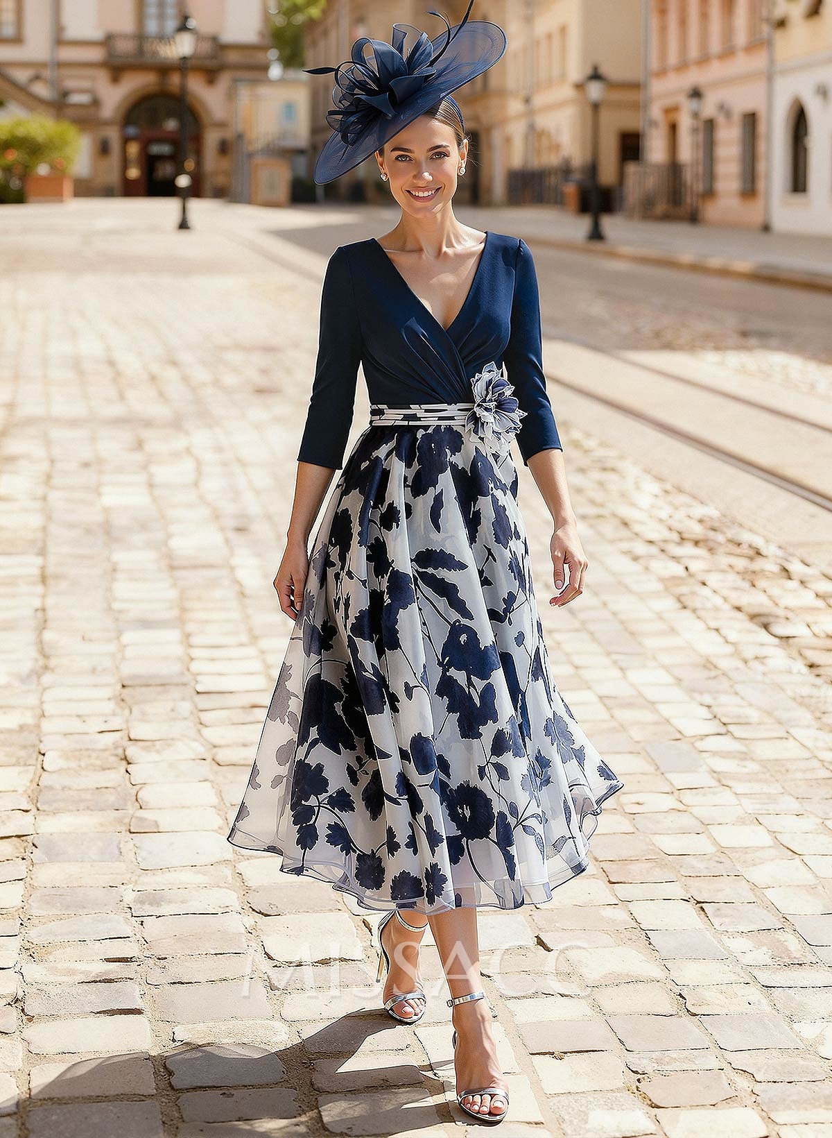 A-Line V-Neck 3/4 Sleeves Tea-Length Stretch Chiffon Cocktail Dresses With Flower(s)