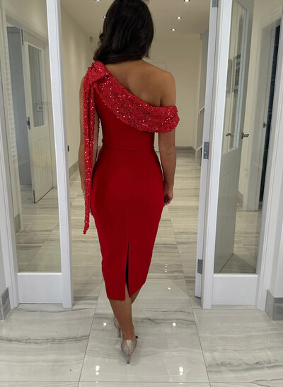 Sheath/Column One-Shoulder Sleeveless Tea-Length Elastic Satin Evening Dresses With Back Slit