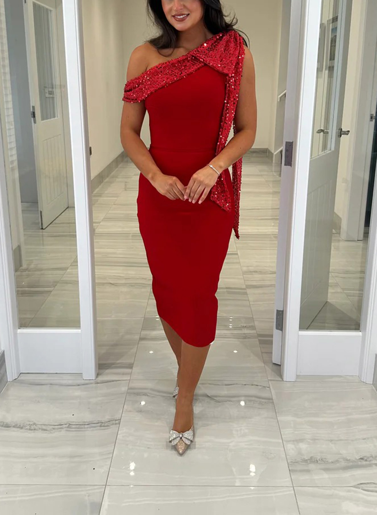 Sheath/Column One-Shoulder Sleeveless Tea-Length Elastic Satin Evening Dresses With Back Slit