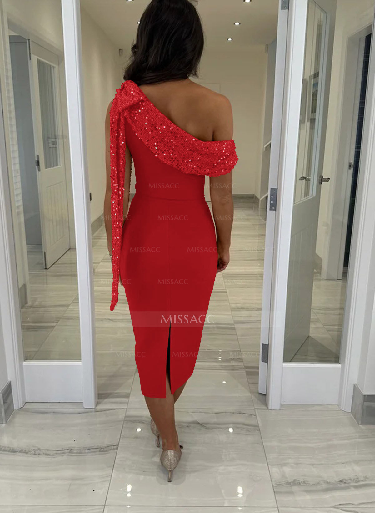 Sheath/Column One-Shoulder Sleeveless Tea-Length Elastic Satin Cocktail Dresses With Back Slit