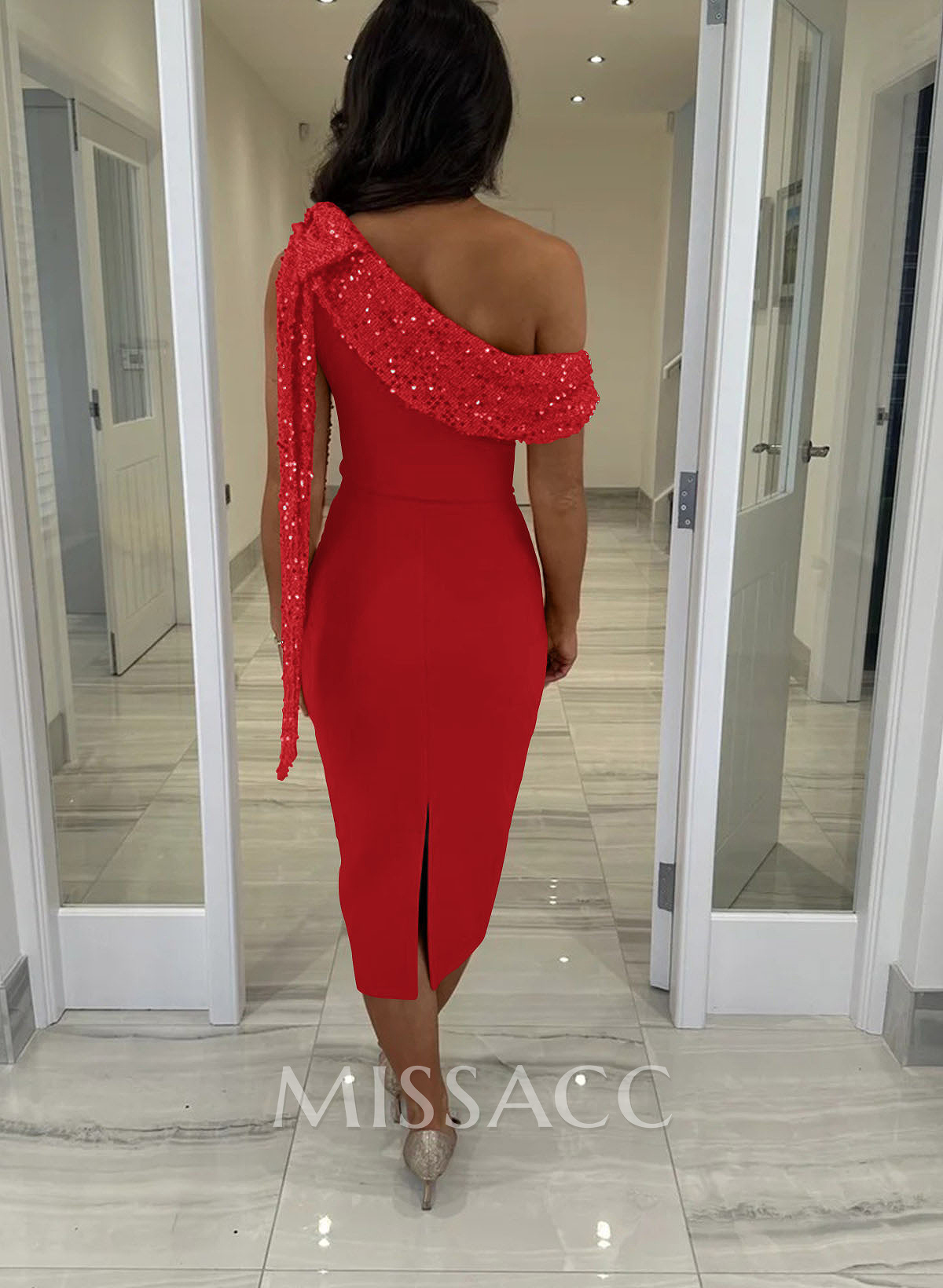 Sheath/Column One-Shoulder Sleeveless Tea-Length Elastic Satin Cocktail Dresses With Back Slit