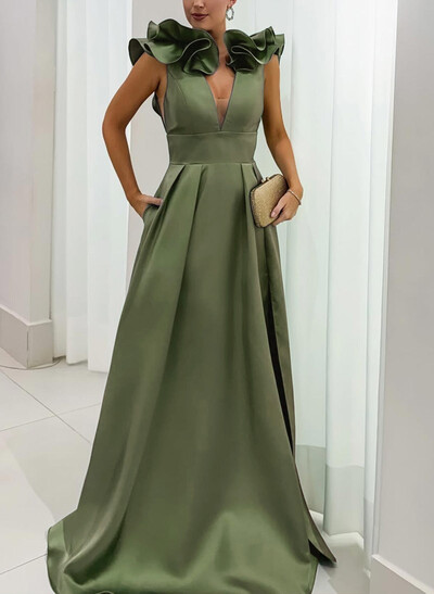 A-Line Plunge Neck Floor-Length Satin Evening Dresses With Split Front/Pockets/Shoulder Ruffle