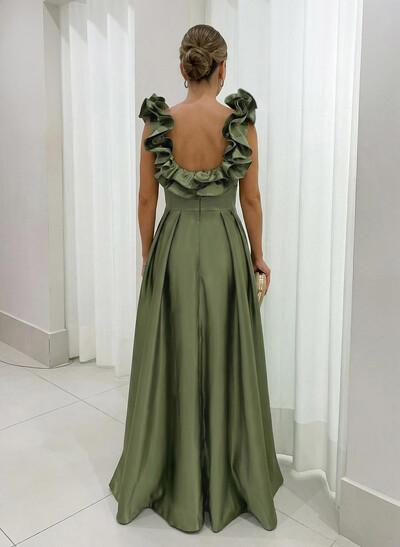 A-Line Plunge Neck Floor-Length Satin Evening Dresses With Split Front/Pockets/Shoulder Ruffle