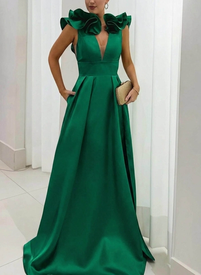 A-Line Plunge Neck Floor-Length Satin Evening Dresses With Split Front/Pockets/Shoulder Ruffle