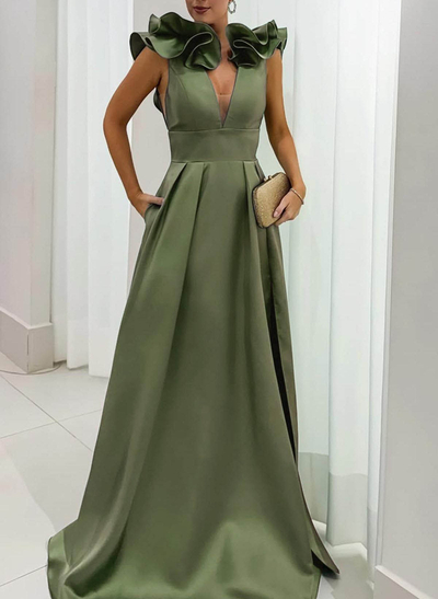 A-Line Plunge Neck Floor-Length Satin Evening Dresses With Split Front/Pockets/Shoulder Ruffle