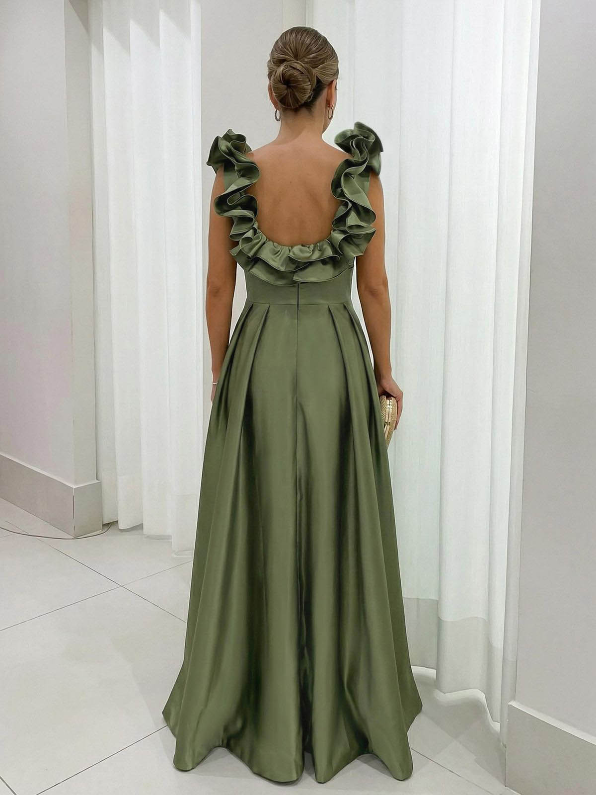 A-Line Plunge Neck Floor-Length Satin Evening Dresses With Split Front/Pockets/Shoulder Ruffle A-Line Plunge Neck Floor-Length Satin Evening Dresses With Split Front/Pockets/Shoulder Ruffle