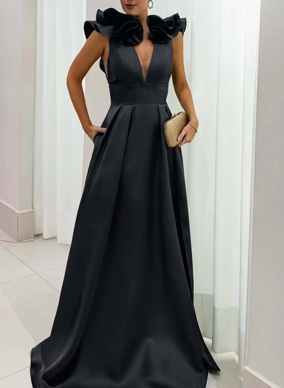 A-Line Plunge Neck Floor-Length Satin Evening Dresses With Split Front/Pockets/Shoulder Ruffle