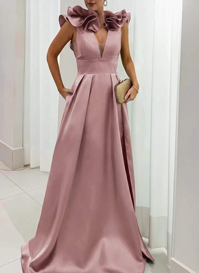 A-Line Plunge Neck Floor-Length Satin Evening Dresses With Split Front/Pockets/Shoulder Ruffle