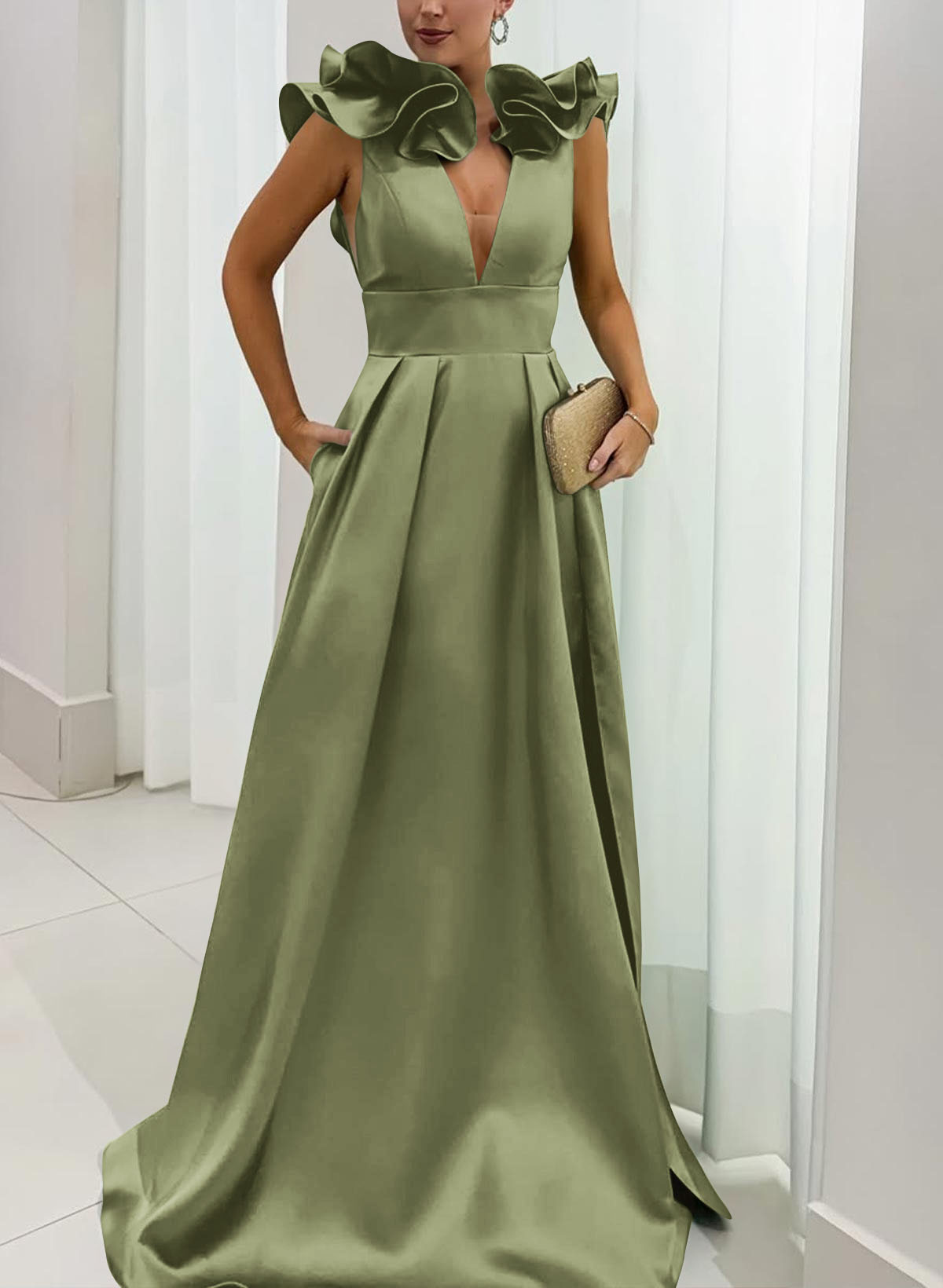 A-Line Plunge Neck Floor-Length Satin Evening Dresses With Split Front/Pockets/Shoulder Ruffle A-Line Plunge Neck Floor-Length Satin Evening Dresses With Split Front/Pockets/Shoulder Ruffle