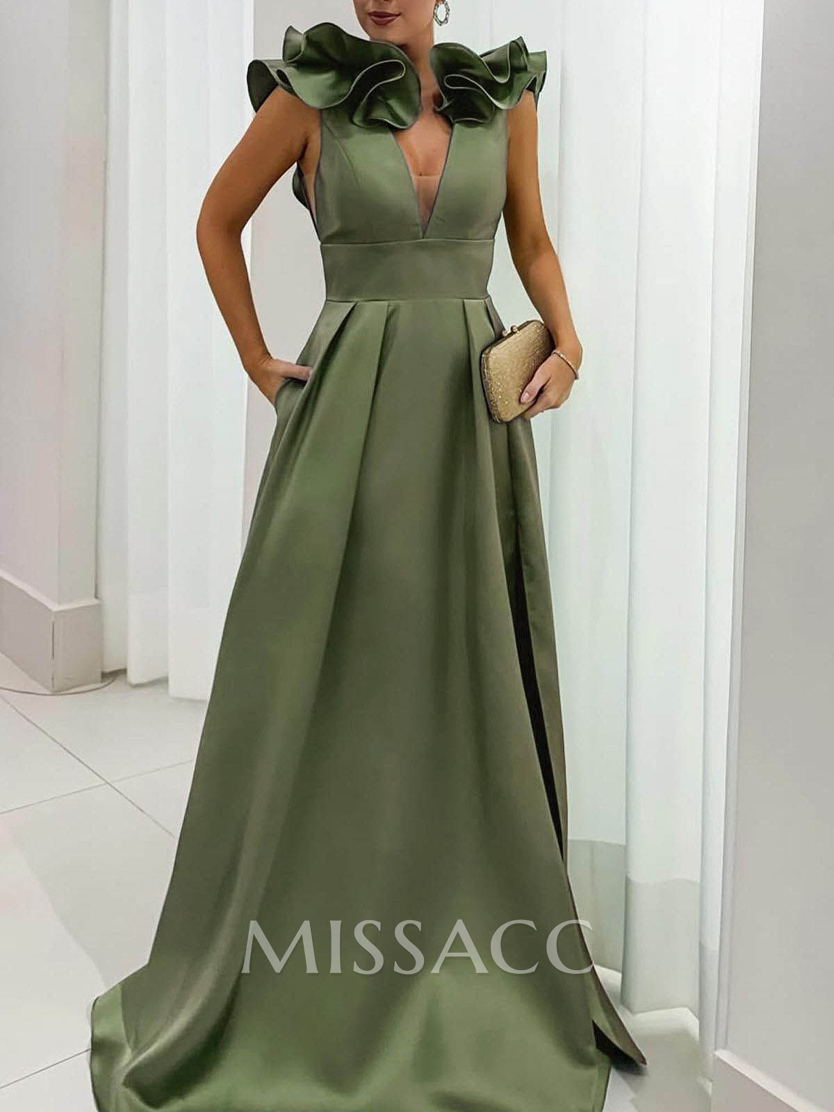 A-Line Plunge Neck Floor-Length Satin Evening Dresses With Split Front/Pockets/Shoulder Ruffle