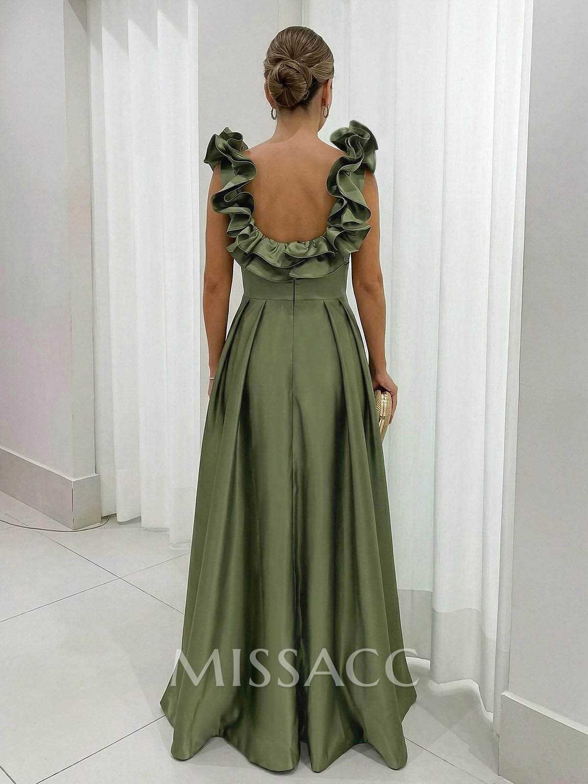 A-Line Plunge Neck Floor-Length Satin Evening Dresses With Split Front/Pockets/Shoulder Ruffle