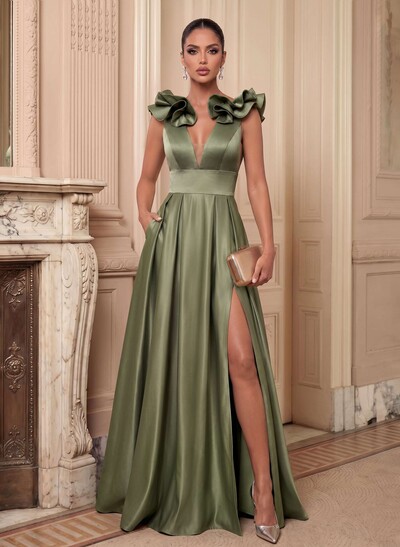 A-Line Plunge Neck Floor-Length Satin Evening Dresses With Split Front/Pockets/Shoulder Ruffle
