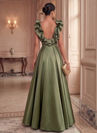 A-Line Plunge Neck Floor-Length Satin Evening Dresses With Split Front/Pockets/Shoulder Ruffle