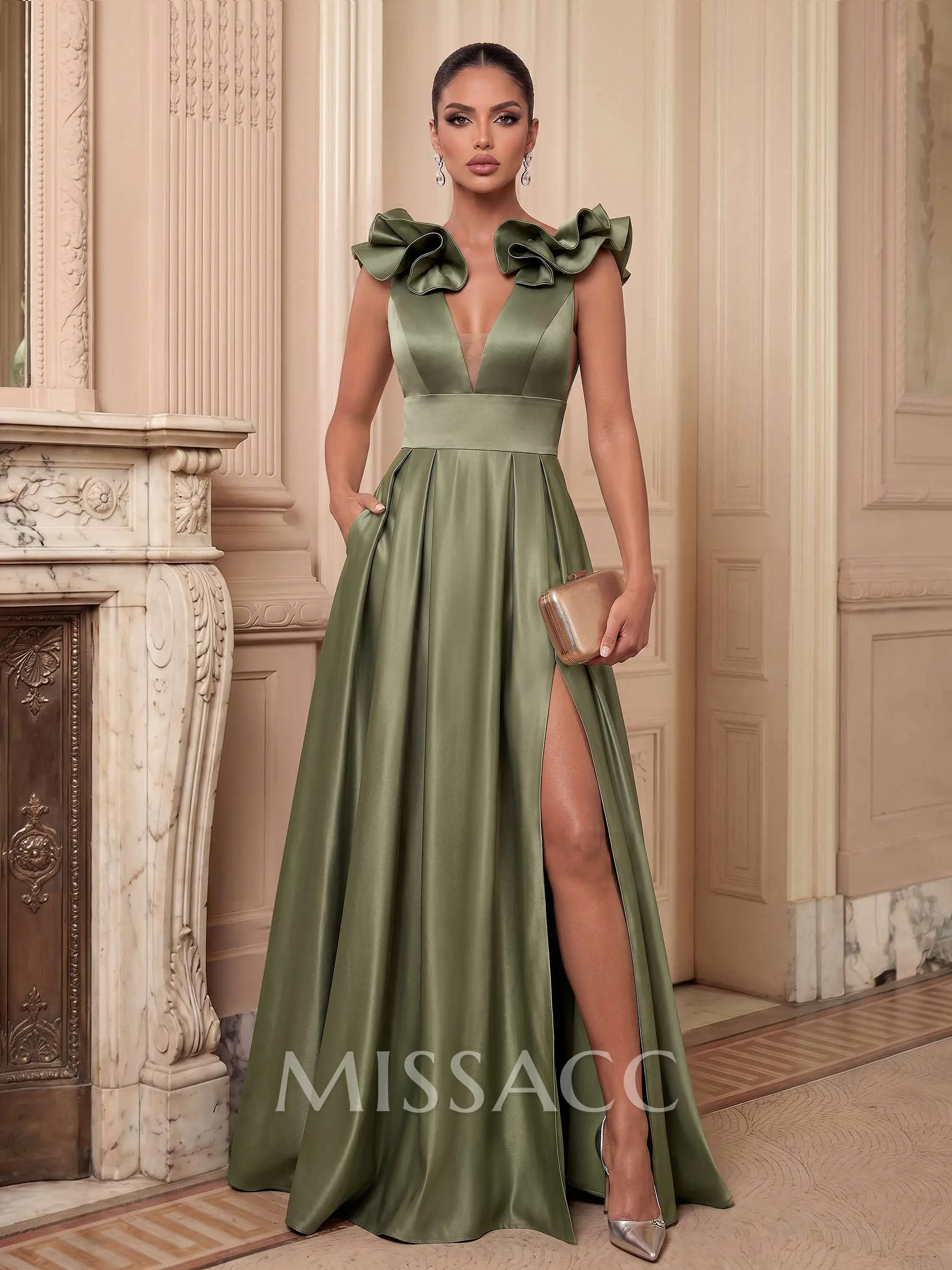 a line plunge dress A-Line Neck Floor-Length Satin Evening Dresses With Split Front/Pockets/Shoulder Ruffle Size:DD up back Zipper in night KissProm A-Line V-Neck Long