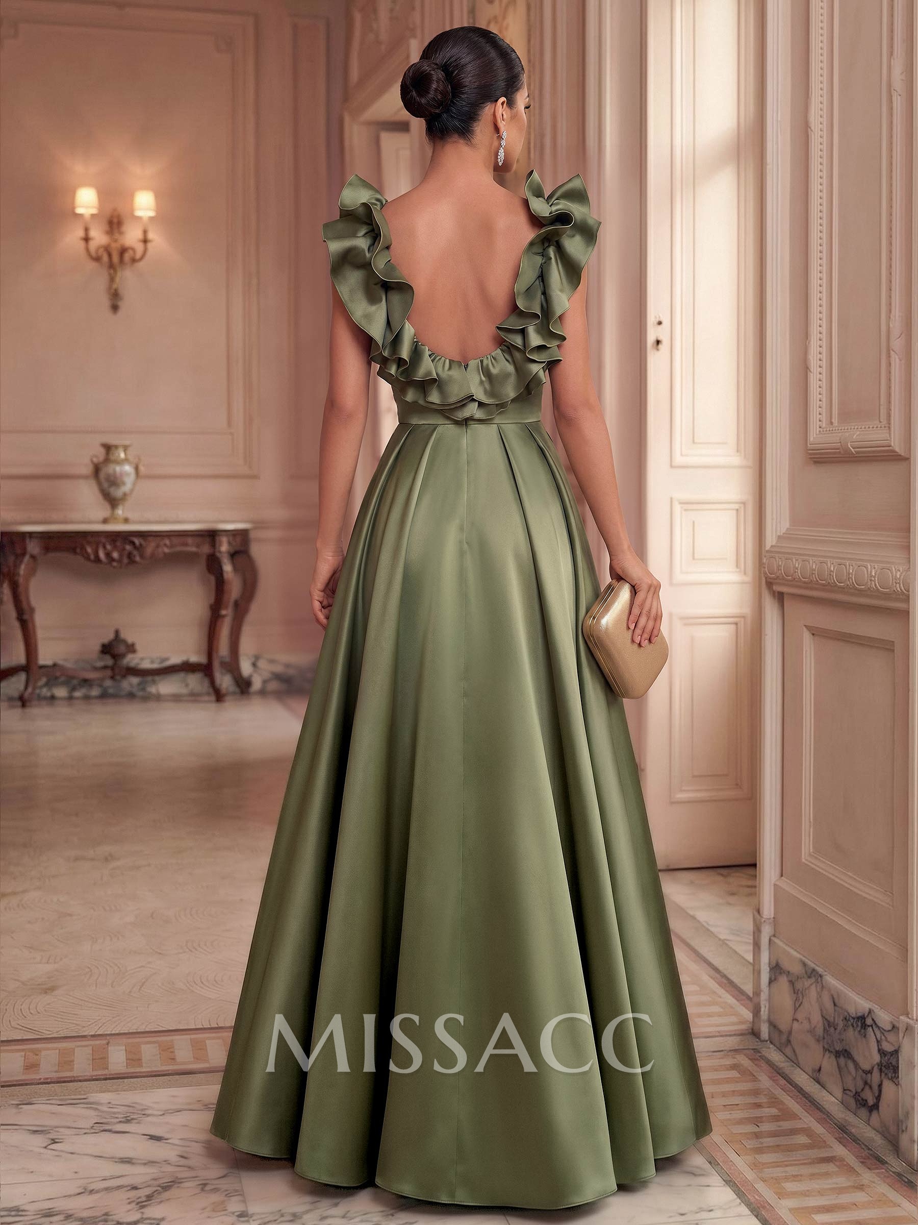 A-Line Plunge Neck Floor-Length Satin Evening Dresses With Split Front/Pockets/Shoulder Ruffle A-Line Plunge Neck Floor-Length Satin Evening Dresses With Split Front/Pockets/Shoulder Ruffle