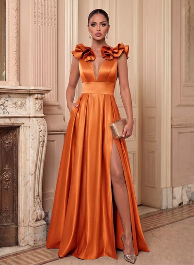 A-Line Plunge Neck Sleeveless Floor-Length Satin Bridesmaid Dresses With Split Front/Pockets/Shoulder Ruffle