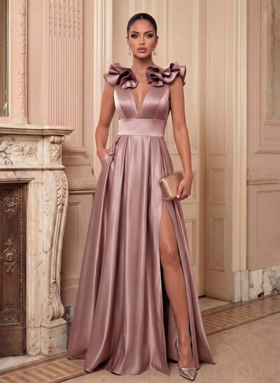 A-Line Plunge Neck Sleeveless Floor-Length Satin Bridesmaid Dresses With Split Front/Pockets/Shoulder Ruffle