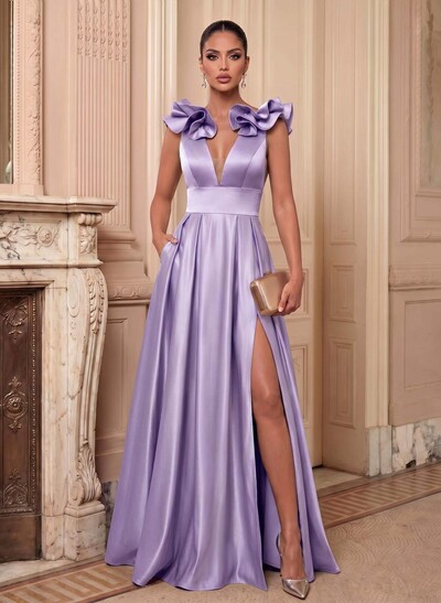 A-Line Plunge Neck Sleeveless Floor-Length Satin Bridesmaid Dresses With Split Front/Pockets/Shoulder Ruffle