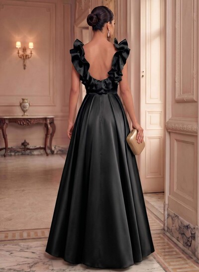 A-Line Plunge Neck Floor-Length Satin Evening Dresses With Split Front/Pockets/Shoulder Ruffle
