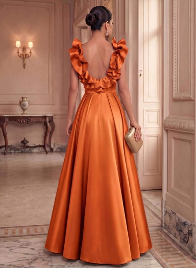 A-Line Plunge Neck Sleeveless Floor-Length Satin Bridesmaid Dresses With Split Front/Pockets/Shoulder Ruffle