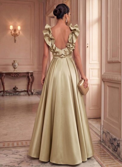 A-Line Plunge Neck Sleeveless Floor-Length Satin Bridesmaid Dresses With Split Front/Pockets/Shoulder Ruffle