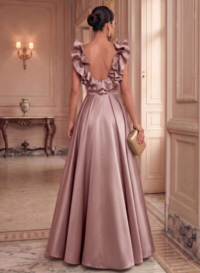 A-Line Plunge Neck Sleeveless Floor-Length Satin Bridesmaid Dresses With Split Front/Pockets/Shoulder Ruffle