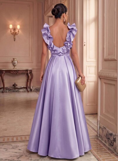 A-Line Plunge Neck Sleeveless Floor-Length Satin Bridesmaid Dresses With Split Front/Pockets/Shoulder Ruffle