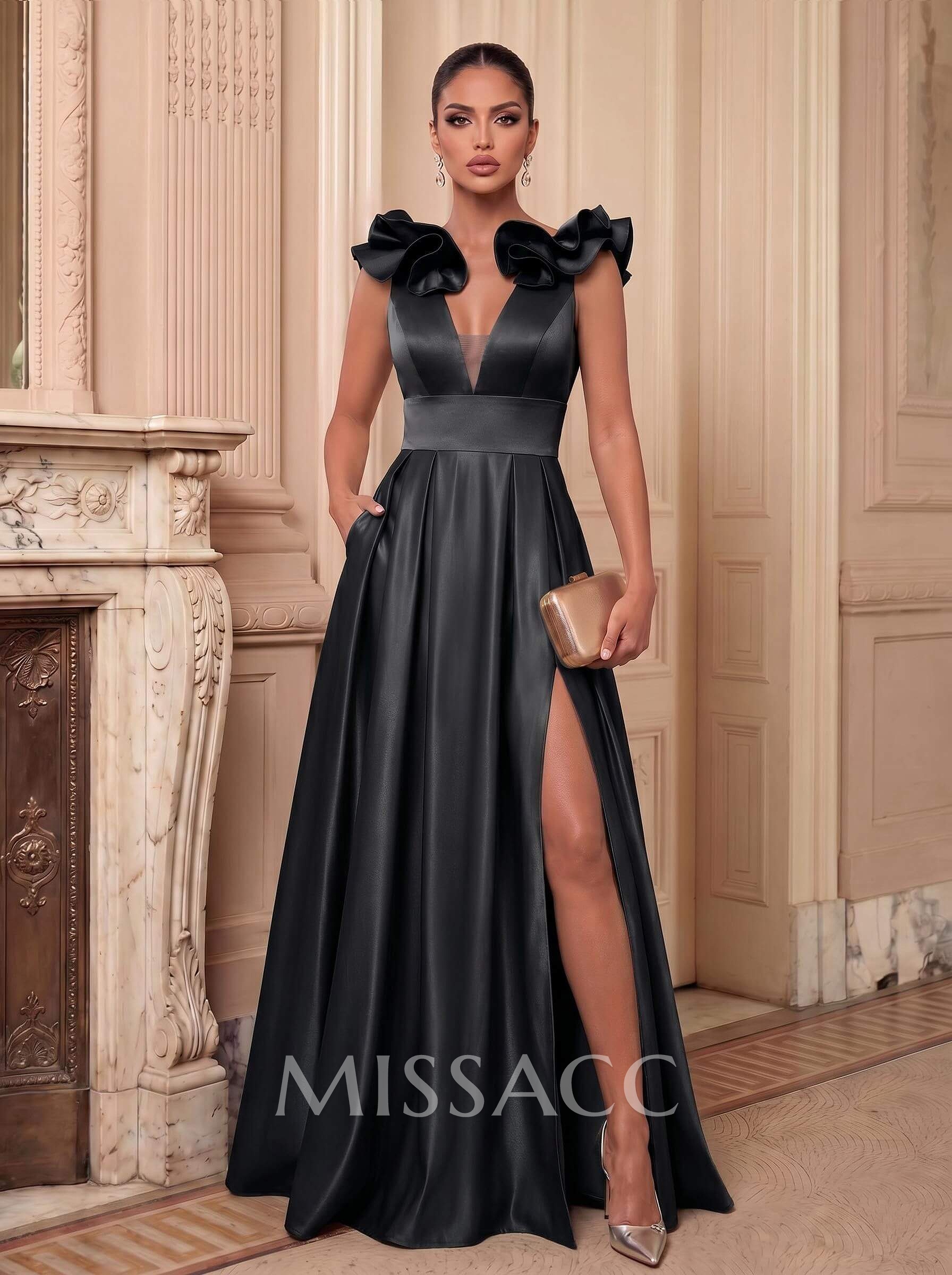 A-Line Plunge Neck Floor-Length Satin Evening Dresses With Split Front/Pockets/Shoulder Ruffle