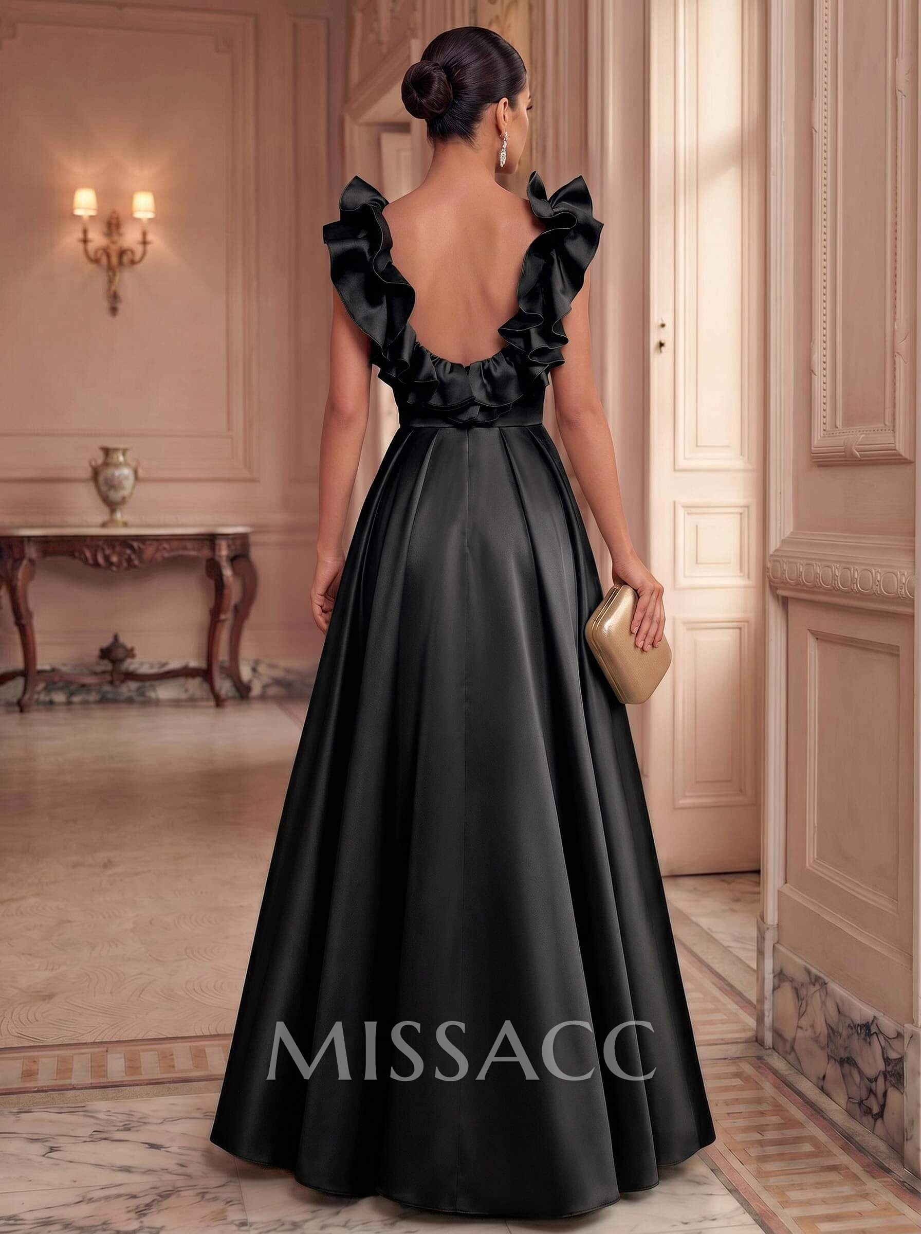 A-Line Plunge Neck Floor-Length Satin Evening Dresses With Split Front/Pockets/Shoulder Ruffle