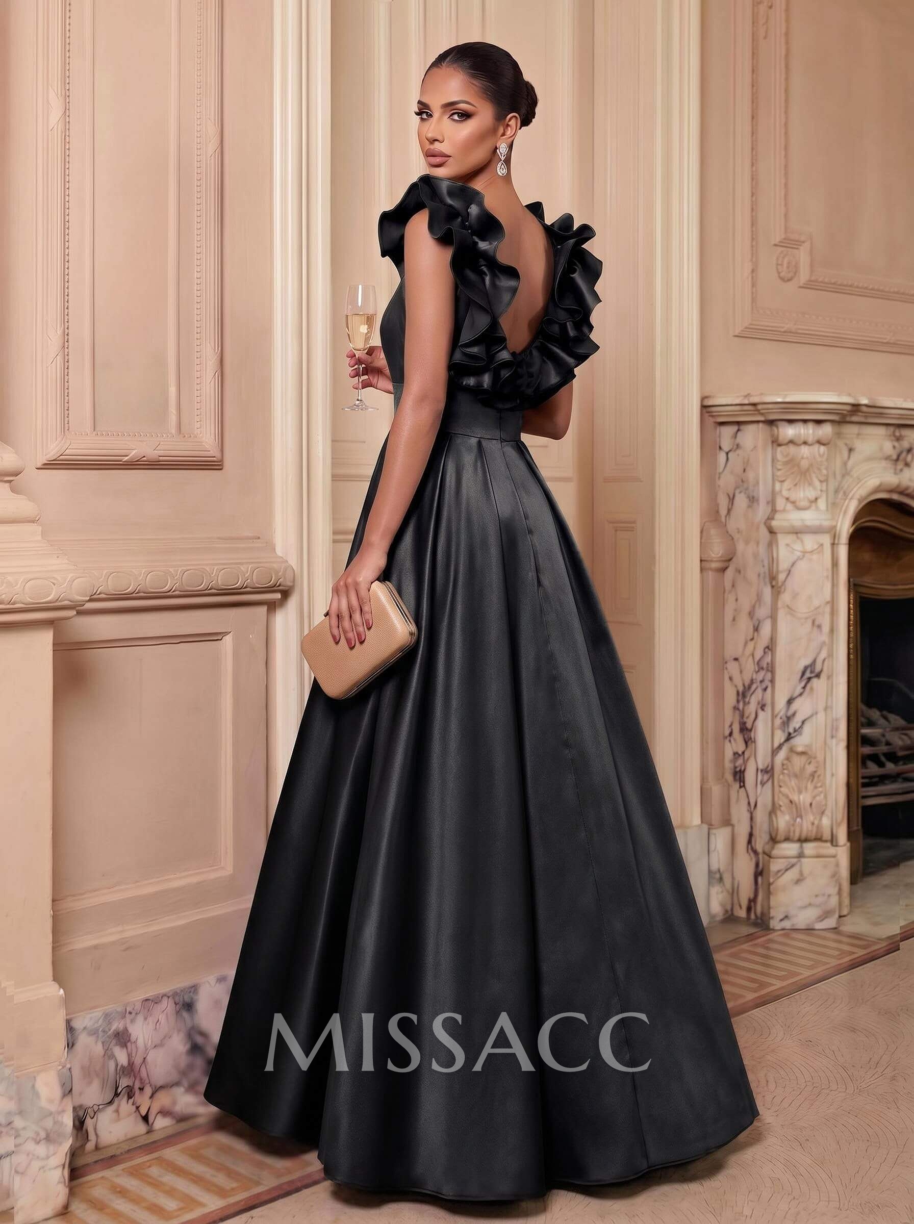 A-Line Plunge Neck Floor-Length Satin Evening Dresses With Split Front/Pockets/Shoulder Ruffle