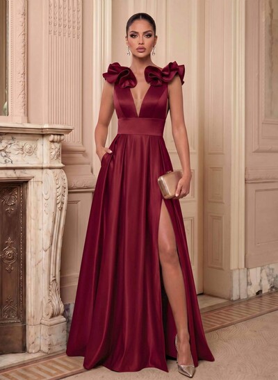 A-Line Plunge Neck Floor-Length Satin Evening Dresses With Split Front/Pockets/Shoulder Ruffle