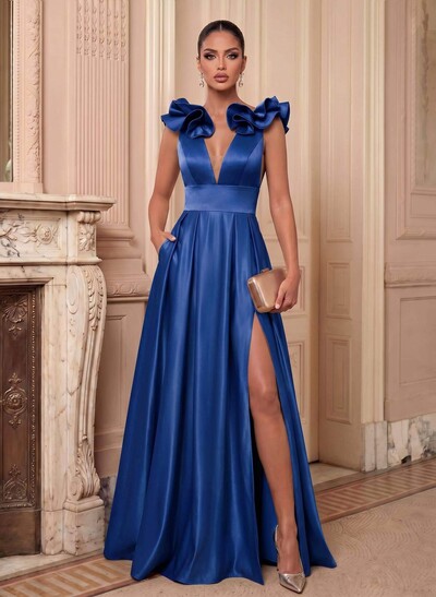 A-Line Plunge Neck Floor-Length Satin Evening Dresses With Split Front/Pockets/Shoulder Ruffle