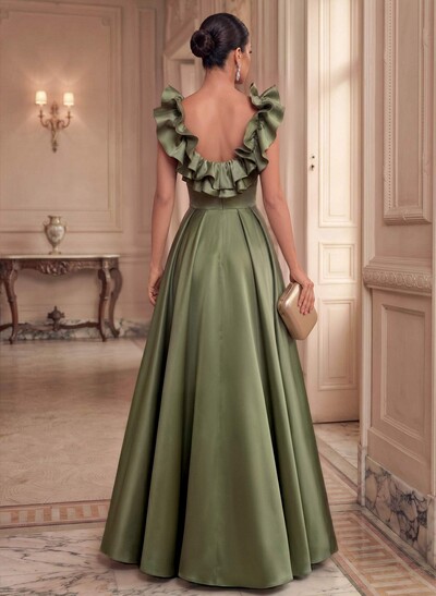 A-Line Plunge Neck Floor-Length Satin Evening Dresses With Split Front/Pockets/Shoulder Ruffle