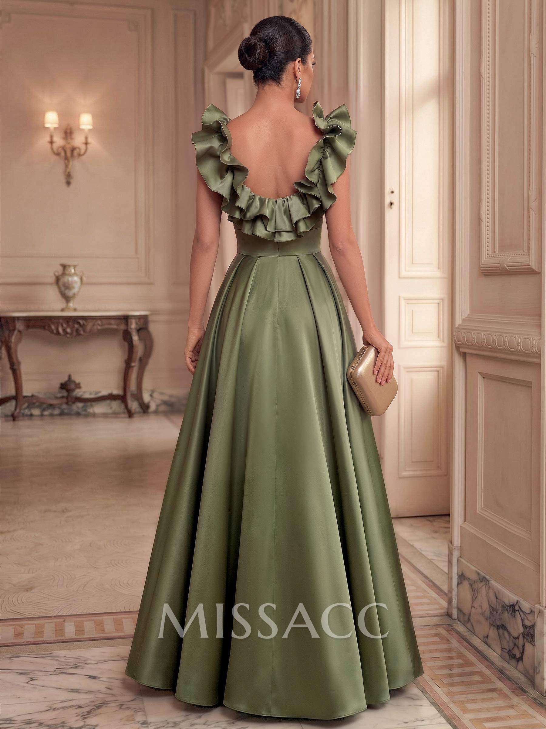 A-Line Plunge Neck Floor-Length Satin Evening Dresses With Split Front/Pockets/Shoulder Ruffle