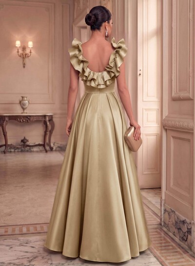 A-Line Plunge Neck Floor-Length Satin Evening Dresses With Split Front/Pockets/Shoulder Ruffle
