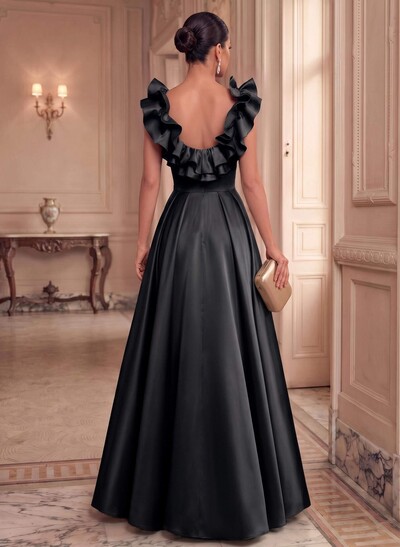 A-Line Plunge Neck Floor-Length Satin Evening Dresses With Split Front/Pockets/Shoulder Ruffle