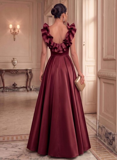 A-Line Plunge Neck Floor-Length Satin Evening Dresses With Split Front/Pockets/Shoulder Ruffle
