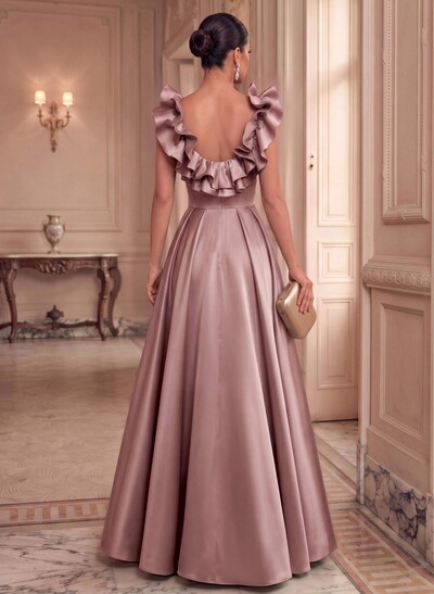 A-Line Plunge Neck Floor-Length Satin Evening Dresses With Split Front/Pockets/Shoulder Ruffle
