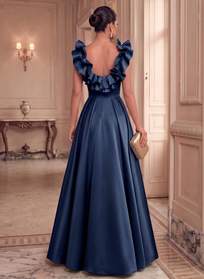 A-Line Plunge Neck Floor-Length Satin Evening Dresses With Split Front/Pockets/Shoulder Ruffle