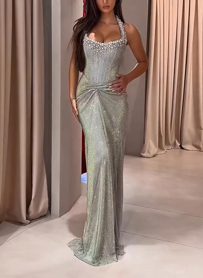 Sheath/Column Halter Sleeveless Floor-Length Evening Dresses With Rhinestone