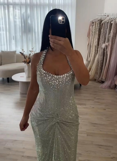 Sheath/Column Halter Sleeveless Floor-Length Evening Dresses With Rhinestone