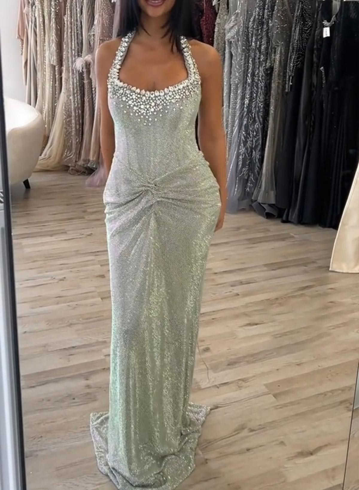 Sheath/Column Halter Sleeveless Floor-Length Evening Dresses With Rhinestone