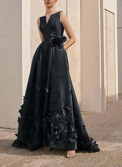 A-Line V-Neck Sleeveless Sweep Train Satin Evening Dresses With Flower(s)