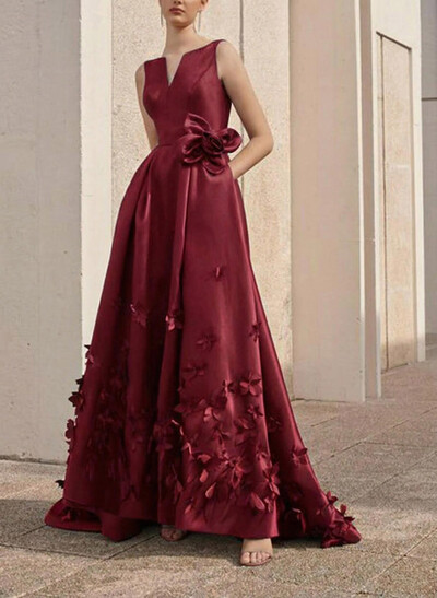 A-Line V-Neck Sleeveless Sweep Train Satin Evening Dresses With Flower(s)
