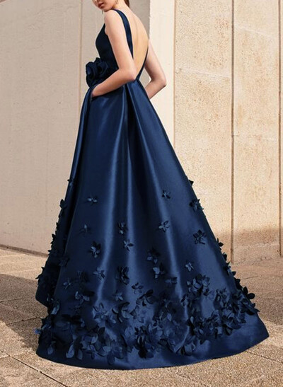 A-Line V-Neck Sleeveless Sweep Train Satin Evening Dresses With Flower(s)