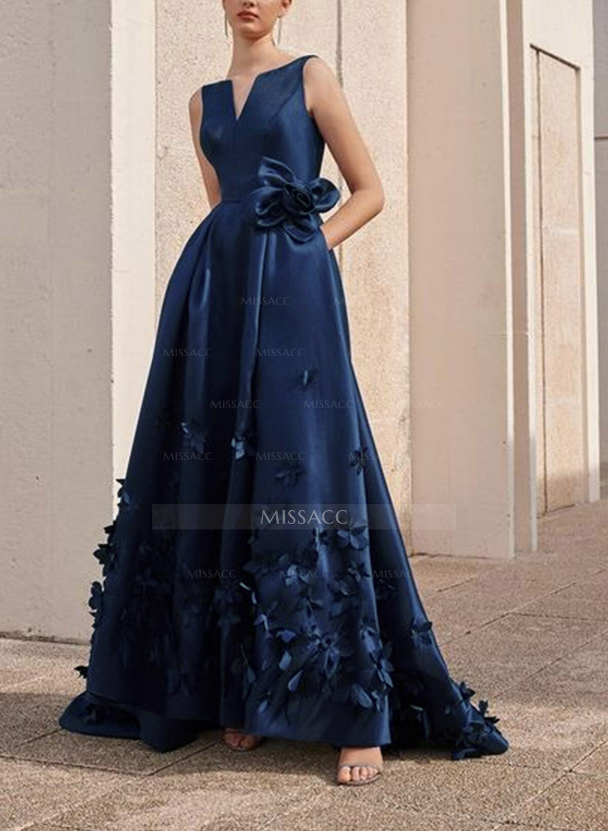 A-Line V-Neck Sleeveless Sweep Train Satin Evening Dresses With Flower(s)
