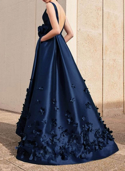 A-Line V-Neck Sleeveless Sweep Train Satin Evening Dresses With Flower(s)
