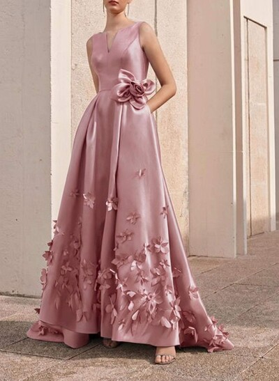 A-Line V-Neck Sleeveless Sweep Train Satin Evening Dresses With Flower(s)