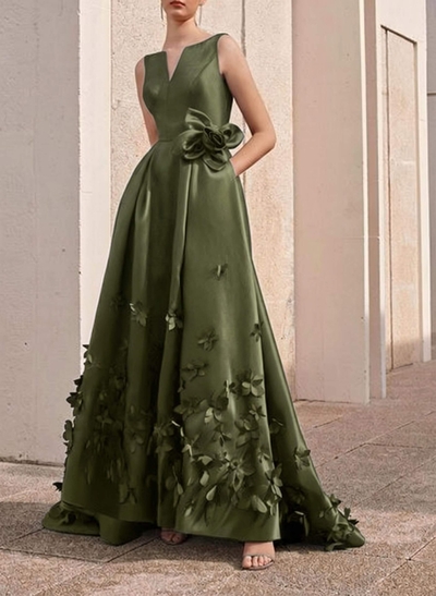 A-Line V-Neck Sleeveless Sweep Train Satin Evening Dresses With Flower(s)